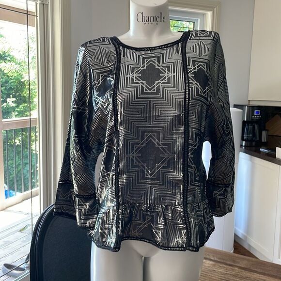 🎀Sass & Bide silk round neck metallic night wings pull over short sleeve blouse - Picture 2 of 12